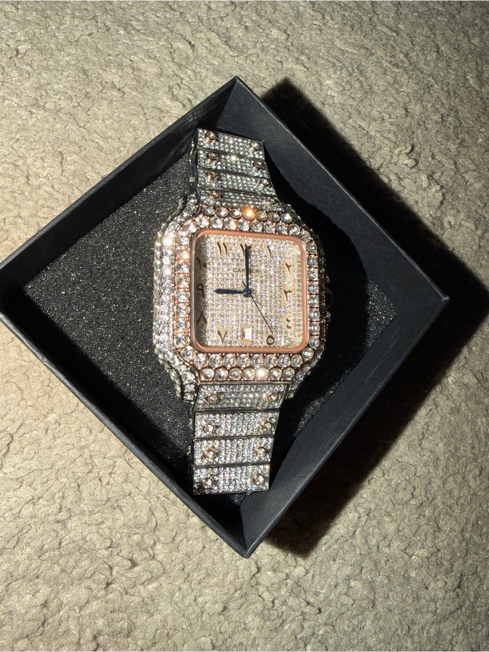 Cartier Elegant Arabic Dial Rose Gold Silver Lab Diamond Iced Out Watch